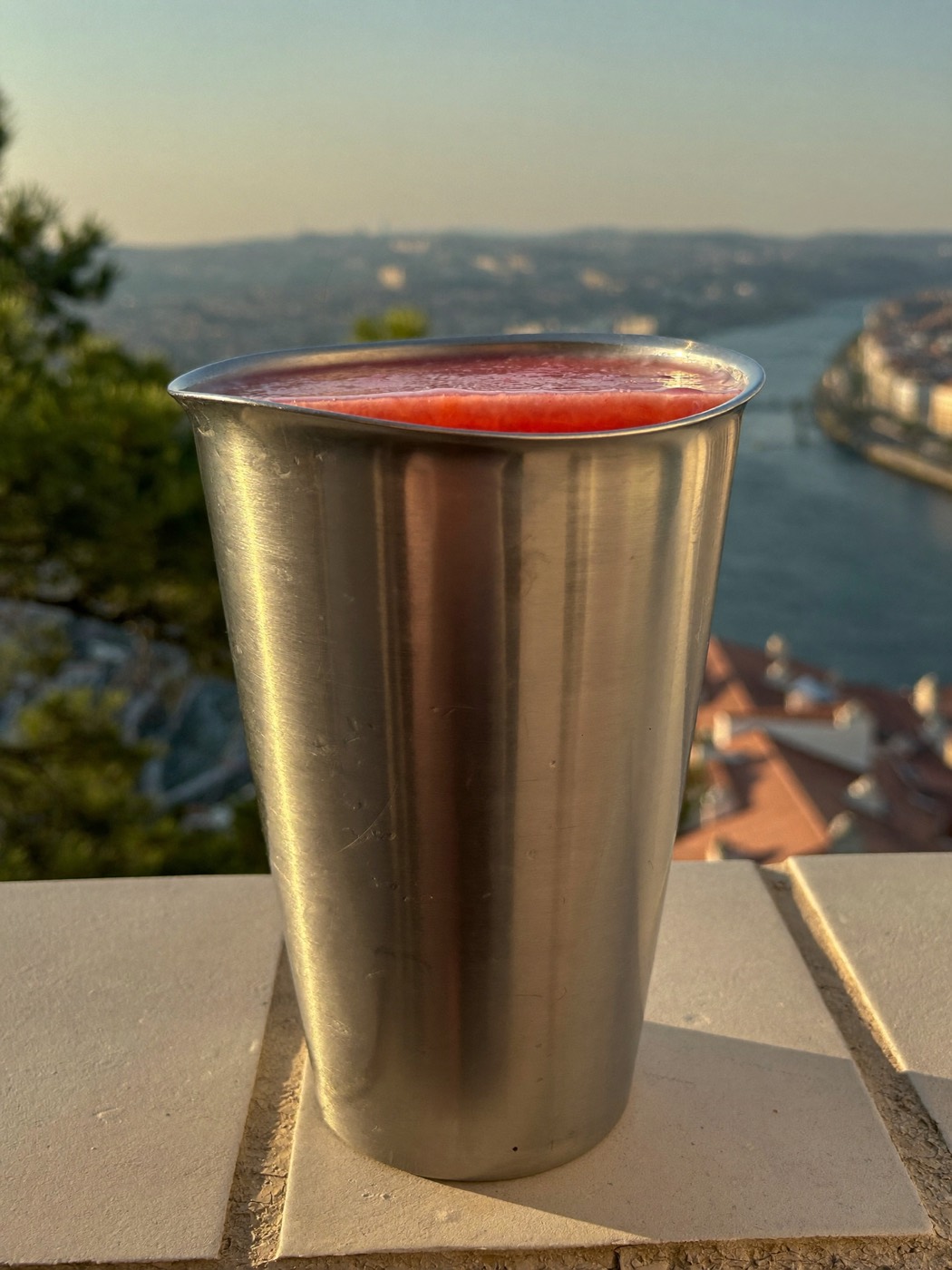Illustration: a plain brushed steel cup with watermelon juice on a wall at a Lisbon miradouro at golden hour.